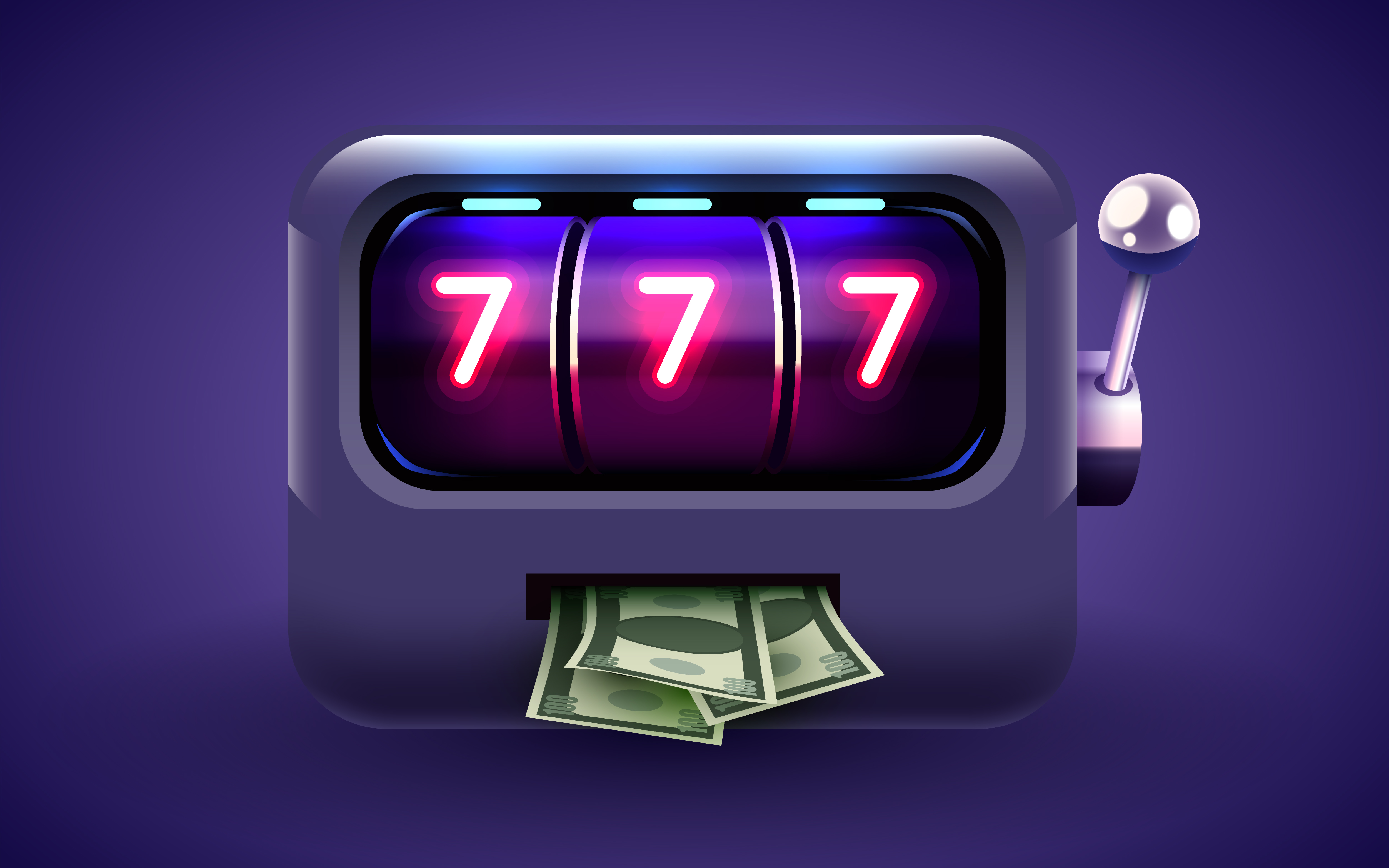 Dark purple slot machine winning the jackpot via hitting 777